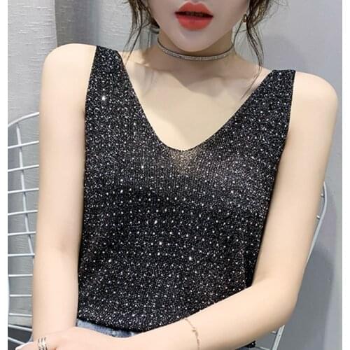 Tops Women Blusas Mujer De Moda 2021 Verano V-Neck Knit Tank Top Summer Top Femme Sleeveless Diamond Black Tank Top Women E817