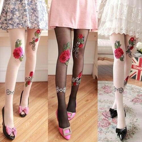 Women Sexy Pantyhose Tights Rhinestones Opaque Embroidery Flowers Party Dress Style Lace Panty Transparent Silk Stockings Female