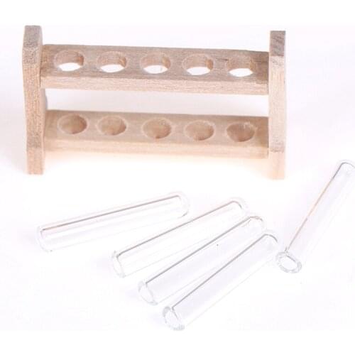 5pcs/set Laboratory Glass Test Tubes with Wooden Rack Set Decoration Ornament 1:12 Dollhouse Miniature Accessory
