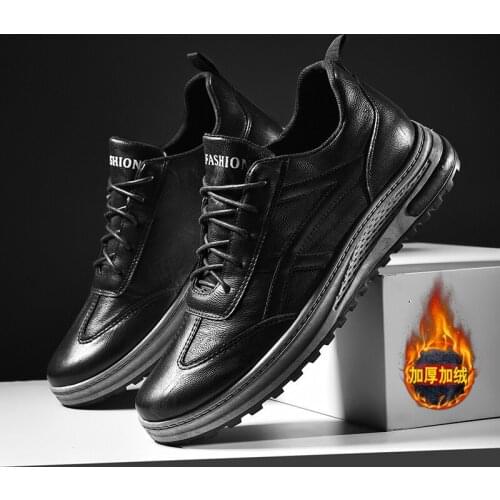Mens Leather Casual Shoes In Autumn and Winter with Velvet To Keep Warm, Mens Sneakers with Lace-up High-top Leather Shoes