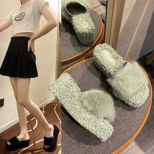 8cm high heels fur slippers women crystal band furry wedges slides open toe wool fur platform slippers female winter homes shoes