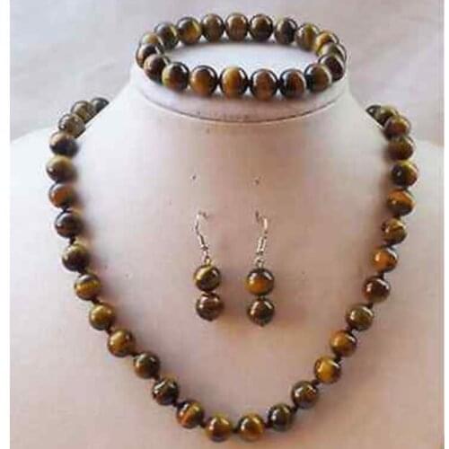 Beautiful 10 mm yellow Tiger Eye Beads Necklace Bracelet Earrings Set