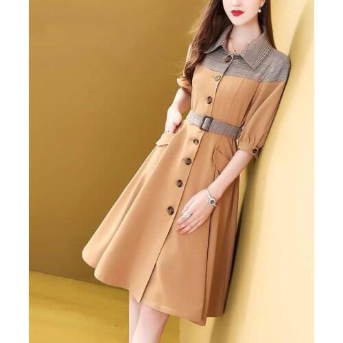 Niche Windbreaker Dress Women 2021 Summer New Single-Breasted Fake Two-Piece Dresses Seven-Point Sleeve Female Vestidos L432