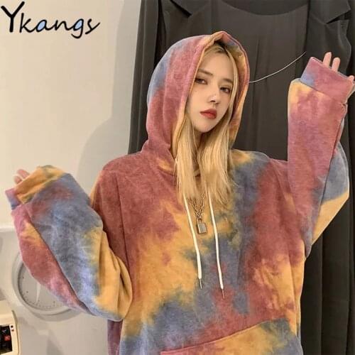 Autumn New Fashion Tie-dye Hooded Pullover Street Hip-hop Style Loose Women Blouse Y2k All-match Ladies Long-sleeved Sports Top