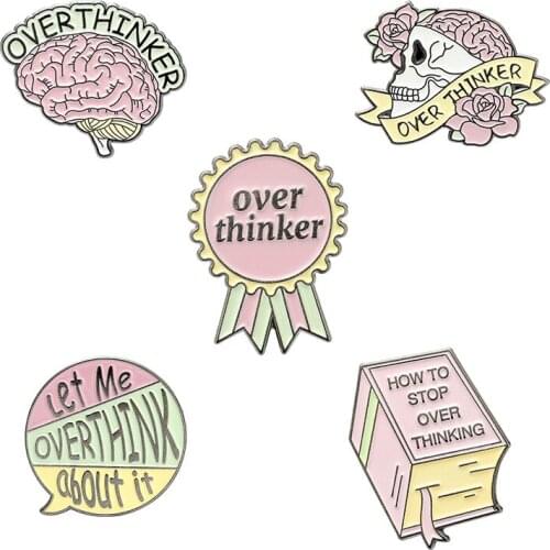 Overthinker Enamel Pin Overthinking Award Brain Skull Book Brooches Women Men Lapel Badges Backpack Collar Fashion Jewelry Gifts