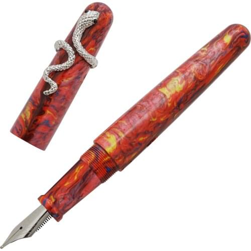 Fuliwen 017 Fountain Pen Red Resin Acrylic Big Size Ink Pen with Unique Silver Snake Ring Medium Nib Luxury Gift for Office Home