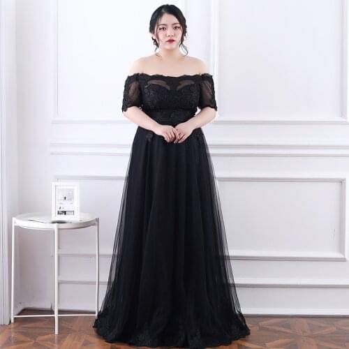 Formal Women Evening Dresses Boat Neck Short Sleeve A-Line Floor-Length Appliques Plus Size Lace Up Sequined Party Dress D066