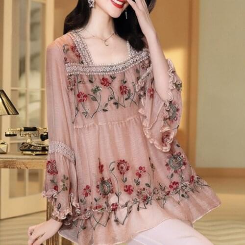 Vintage Lace Embroidery Women Blouse Square Collar Flare Sleeved Loose Elegant Female Pulls Outwear Tops