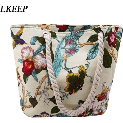 Vintage Embroidery Women Handbag Beach Bag Floral Bird Printed Canvas Shoulder Bag For Lady Single Shoulder Bag Shopping Totes