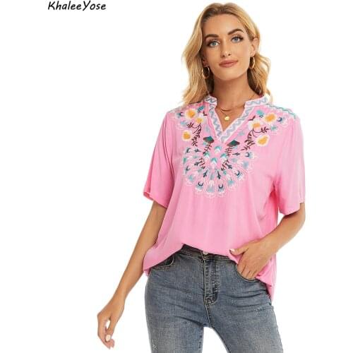 KHALEE YOSE Floral Embroidery Blouse Shirt Cotton Plus Size Summer Mexican Women Shirt Oversized 2xl 3xl Ethnic Ladies Shirt