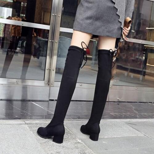 2021 Autumn Winter Elastic Flock Slim Fit Over The Knee Boots Women Chunky heel thigh ladies High heel Long Thigh High botas