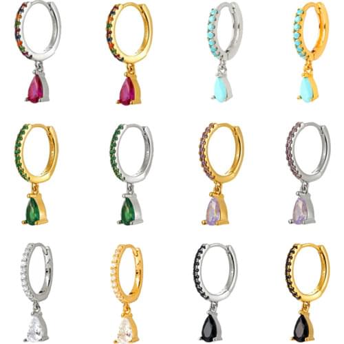 Black/Green/White/Purple/Blue Crystal CZ Water Drop 925 Sterling Silver Ear Buckle Small Hoop Earrings For Women Fashion Jewelry