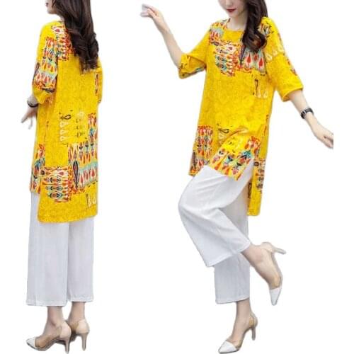 Women Two-Piece Suit Summer New Female Vintage Print Casual Blouse Long Loose-Fitting Plus Size Stylish White Wide-Leg Trousers