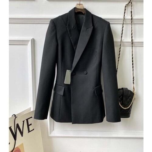 Black Wool Suit Womens Double-Breasted Pockets Ladies Jackets Office Business Autumn Winter Blazer Elegant Outwear