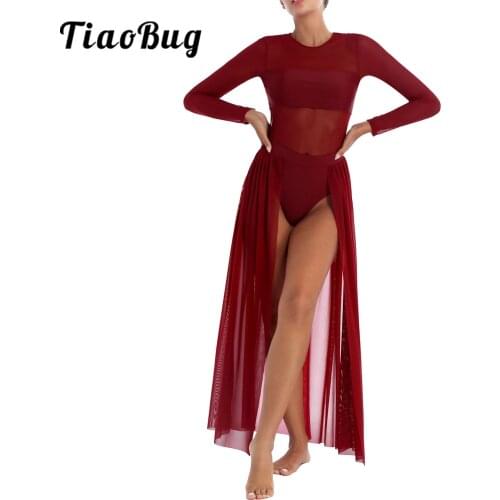 Women Adult Lyrical Dance Dress Long Sleeve Ballet Leotard Flowy Tulle Split Skirt Dancewear