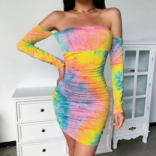 Tie-dyed New Print Summer Dress Evening Vintage Dresses Mini Party Bodycon Long Sleeve Beach Women Dress Robe Vestido Prom