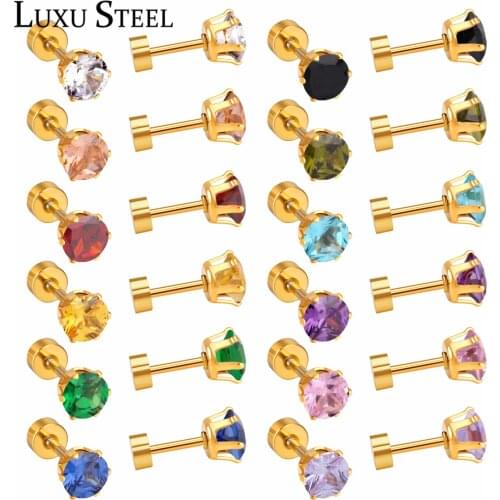 LUXUSTEE 12pairs lots Colorful CZ Earrings Wholesale Price Stainless Steel Anti-allergy 3mm 6mm Screw Stud Earrings Wedding