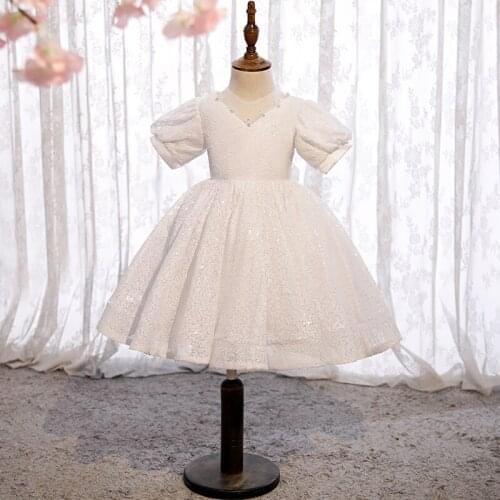 2021 White baptism dress for baby girl christening Wedding party dress for kids girl princess summer beads Sequins puff sleeve