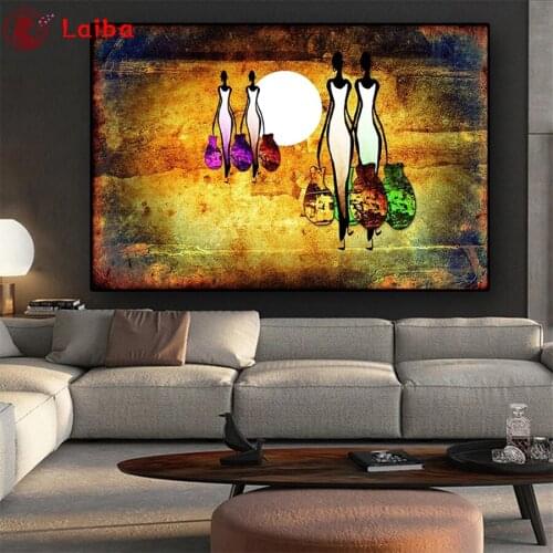 Diamond painting Abstract golden art, vintage African woman at sunset diamond embroidery full square/round drill puzzles gifts