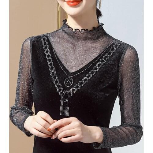 Black Mesh T-Shirt New 2021 Spring Long Sleeve Turtleneck Patchwork Womans tshirt Plus Size M-4XL Lady Tops Blusas