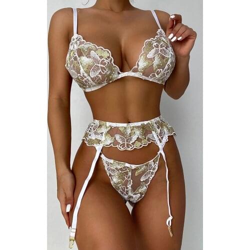 3 Pieces Set Butterfly Embroidery Sensual Lingerie Underwear with Garters Wireless Bra Erotic Lace Brief Sets G-Strings Thong