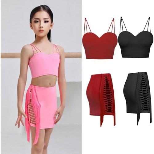 Childrens Latin Dance Costume Girls Latin Tops Fringe Skirts Summer Practice Wear Samba Cha Cha Competition Clothing DNV14731
