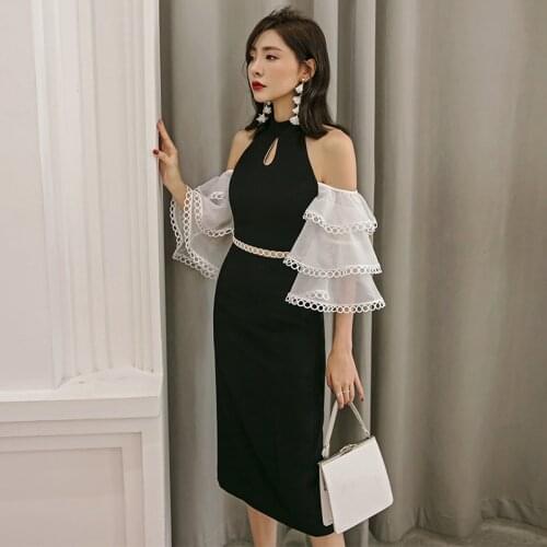 YIGELILA Autumn New Arrivals Patchwork Dress O-neck Hollow-out Elegant Dress Flare Sleeves Mid-calf Birthday party Dress 65213