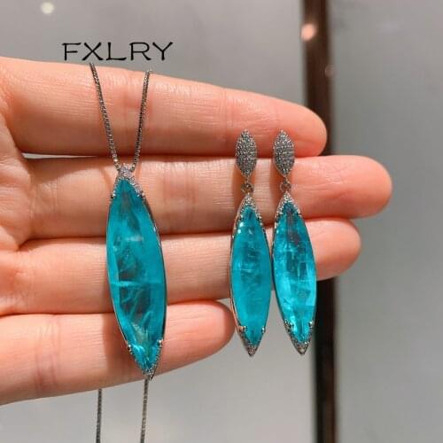 FXLRY Gorgeous Fashion Blue Water Drop Zircon Necklace And Earrings Set For Women Jewelry
