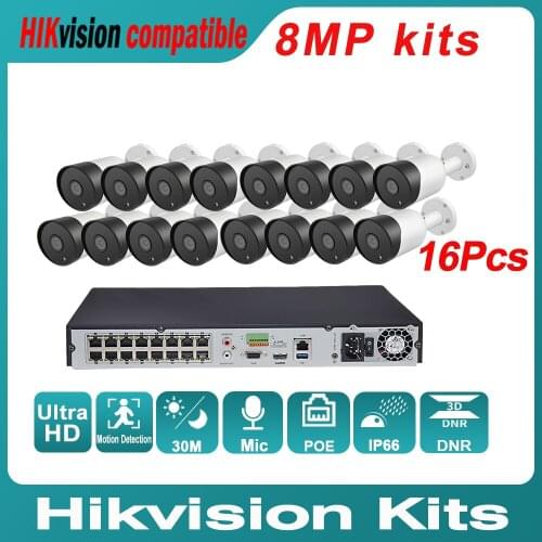 Hikvision Compatible Kit NVR DS-7616NI-I2/16P 16POE & 8MP IP Camera Bullet POE 30M IR Built-In MIC 16PCS 4K CCTV System Security