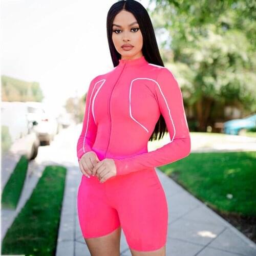 UVRCOS Club Outfits Slim Patchwork Rompers Womens Short Jumpsuit Summer Zipper Stand Neck Fitness Overalls Streetwear Tracksuit