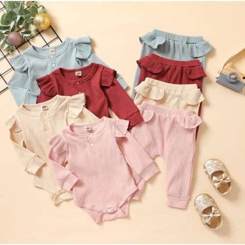 2Pcs Autumn Baby Girls Boys Clothing Set Solid Color Ribbed Ruffled Long Sleeves Romper+Elastic Waist Pants for Toddler Girls