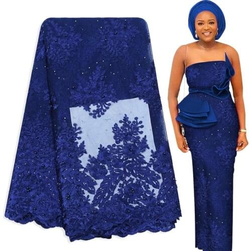 Royal Blue Beeded African French Lace Fabric Tull Net Nigerian Embroidery Swiss Lace Fabric With Rinestone Thin Lace Dress Women