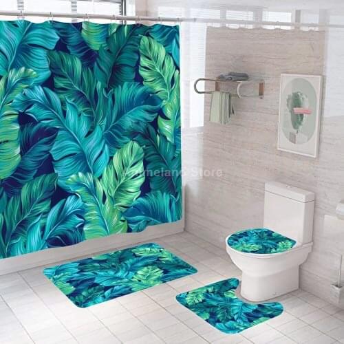 Fashion Leaves Shower Curtains Green Ins Bathroom Curtain Bath Sets Toilet Cover Mat Non-Slip Washroom Rug Set Modern 180x180cm