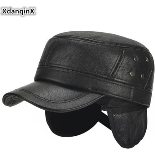 XdanqinX Adjustable Size Men Warm Genuine Leather Cap Army Military Hats Earmuffs Hat Adult Mens Cowhide Leather Hat Brands Cap