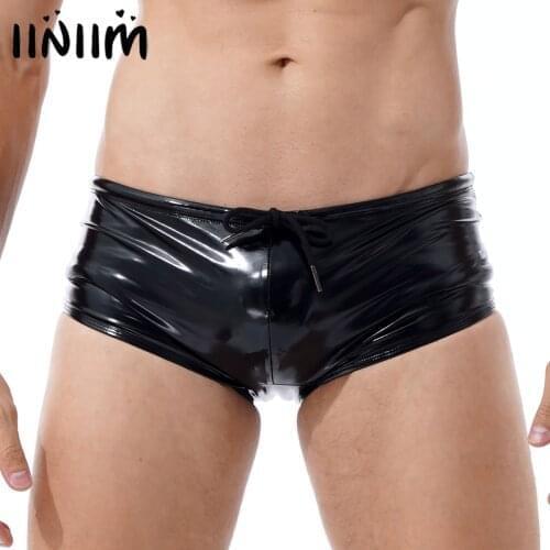 Mens Panties Wet Look Shiny Patent Leather Swimming Trunks Low Rise Bulge Pouch Briefs Drawstring Boxer Shorts Swimwear Clubwear