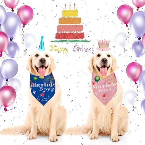 Dog Cat Pet Birthday Triangle Bandana Scarf Set with Happy Birthday Blue Hat & Pink Crown Party Supplies
