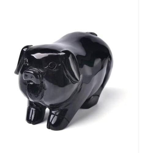 Natural Black Obsidian Pig Ornaments China Fengshui Quartz Crystal Animal Zodiac Wealth Lucky Statue Crafts Home Decoration Gift