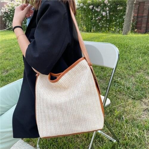 New Solid Color Straw And PU Summer Women Messenger Crossbody Ladies Big Beach Shoulder Bag 2021 XN5069