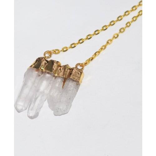 New Style Gold Plating Raw Natural Clear Rock Crystal Quartz pendant chain necklace girl big stone connector gem necklace women