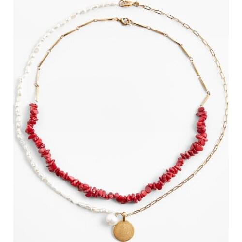 Pack of Natural Pearl And Stone Neckklaces Medallion Charm Stainless Steel Chain Necklace With Coral Style Jewelry for Women New