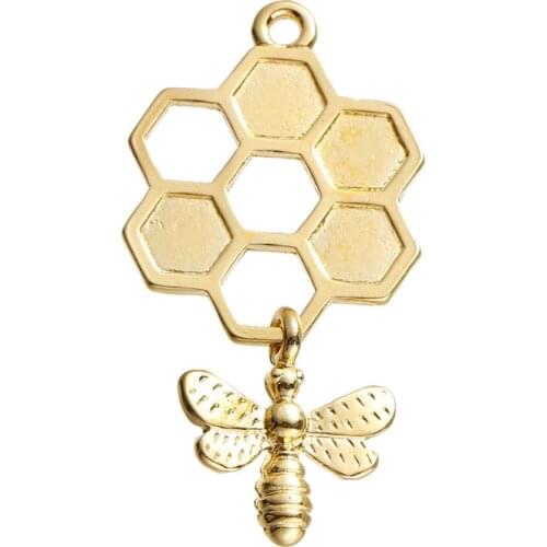 DoreenBeads Zinc Based Alloy 3D Pendants Honeycomb Gold color Bee Carved Hollow 46mm(1 6/8") x 24mm(1"), 5 PCs