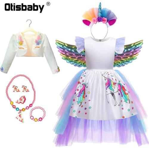 Christmas Girls Unicorn Dress with Rainbow Tiered Tail Unicorn Party Little Pony Cosplay Costume Unicorn Headband Coat Bracelet