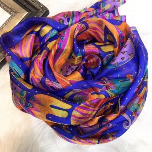 [BYSIFA] New Winter Cartoon Cat 100% Silk Scarf Shawl Fashion Brand Dark Blue Women Long Scarves Wraps Spring Autumn Neck Scarf