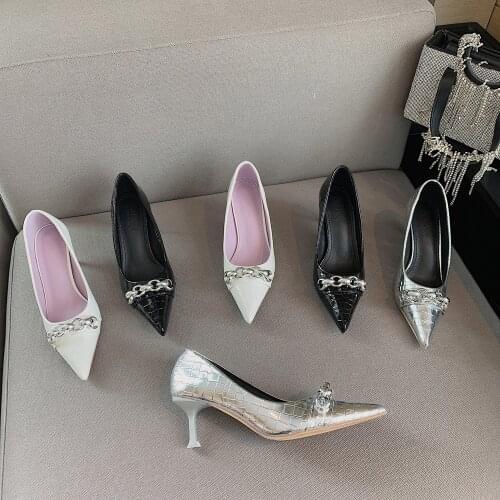 2021 New Office Pumps Women Shoes Pointed Toe Chain Patent Leather High Heels Wedding Dress Shoes Woman туфли на каблуке