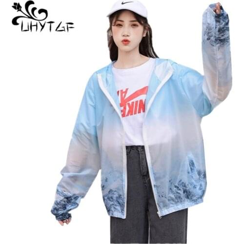 UHYTGF Fashion Ice Silk Student Summer Jacket Women Long-Sleeved Hooded Breathable Thin Sunscreen Clothing Plus Size Coat 1653
