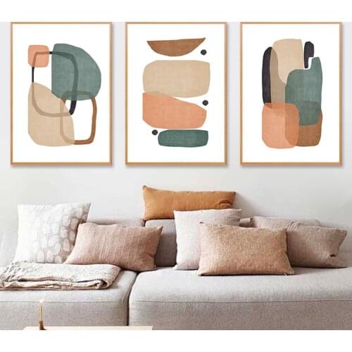 Green Orange Abstract Geometric Trio Art Posters and Prints Modern Minimalist Wall Art Canvas Painting Pictures for Home Decor