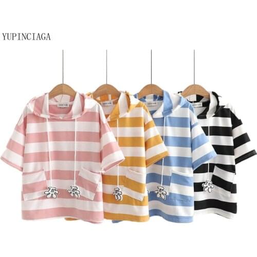 Women Hooded Sweatshirt Preppy Style Striped Short Sleeved Cotton Hoodies 2021 Summer Casual Tracksuit Pullovers 2114755