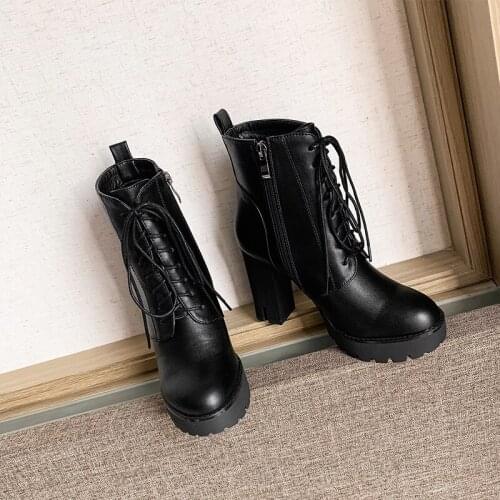 YMECHIC 2020 Womens Lace Up Winter Block High Heels Platform Biker Ankle Boots for Women Black Booties Office Dress Lady Shoes