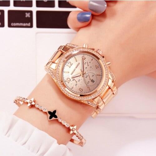 Ladies Calendar Rose Gold Fashion Business Rhinestone Women Watches Cross-Border Quartz Steel Belt Wristwatch