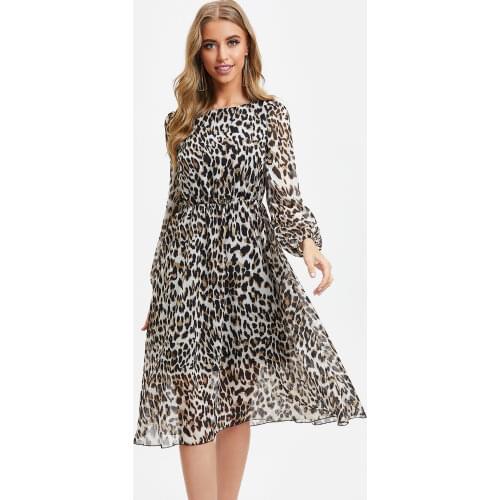 S.FLAVOR Leopard Print O Neck Chiffon Dress For Women 2021 Autumn Long Sleeve Sexy Party Dress Clothes Casual Beach Midi Dress
